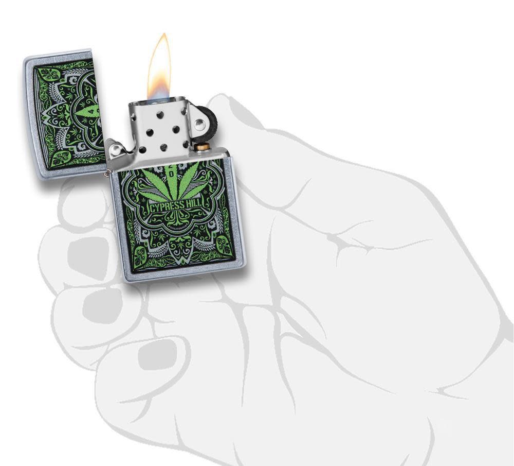 Cypress Hill Street Chrome Lighter lit in hand