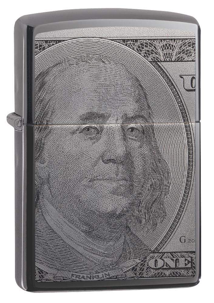 Front view of the Currency Design Lighter shot at a 3/4 angle