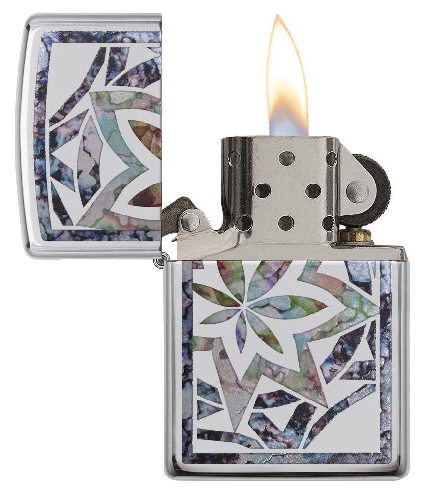 Front view of the Leaf Fusion Design Lighter with its lid open and lit.