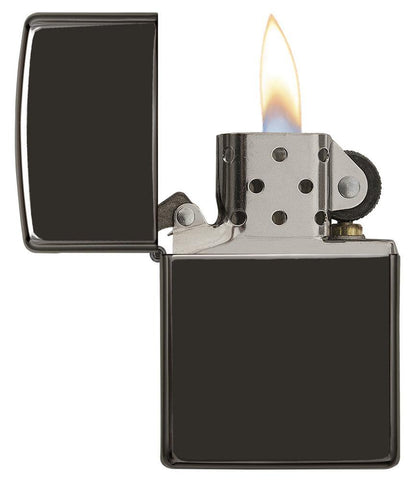 Front view of the Ebony Classic Case Lighter open and lit