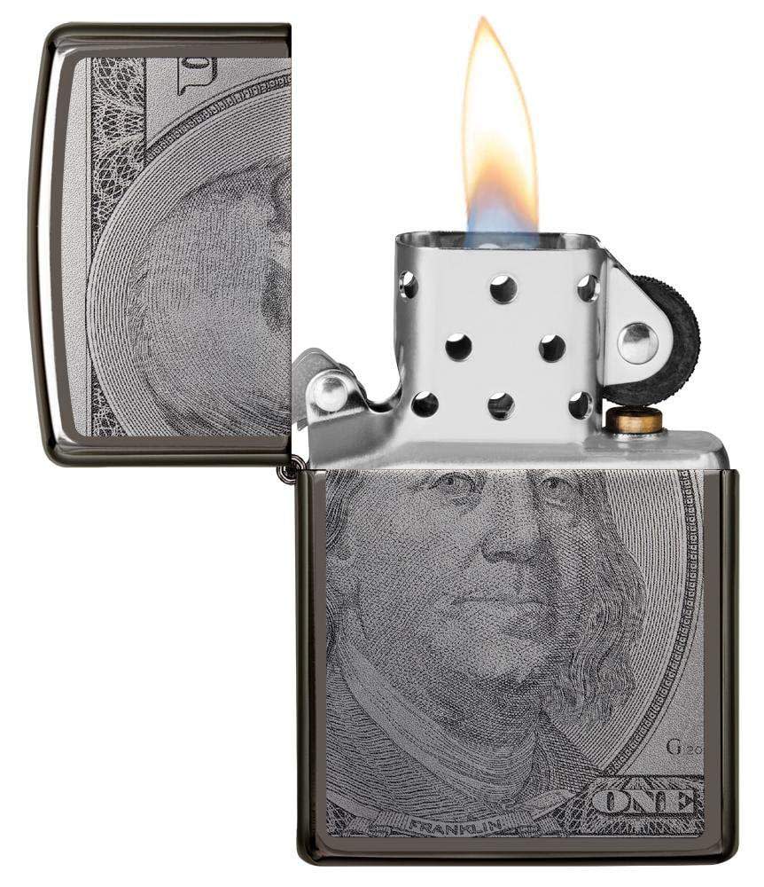 Front view of the Currency Design Lighter open and lit