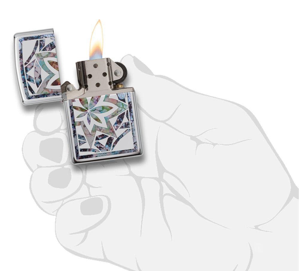 Front view of the Leaf Fusion Design Lighter in hand, open and lit.