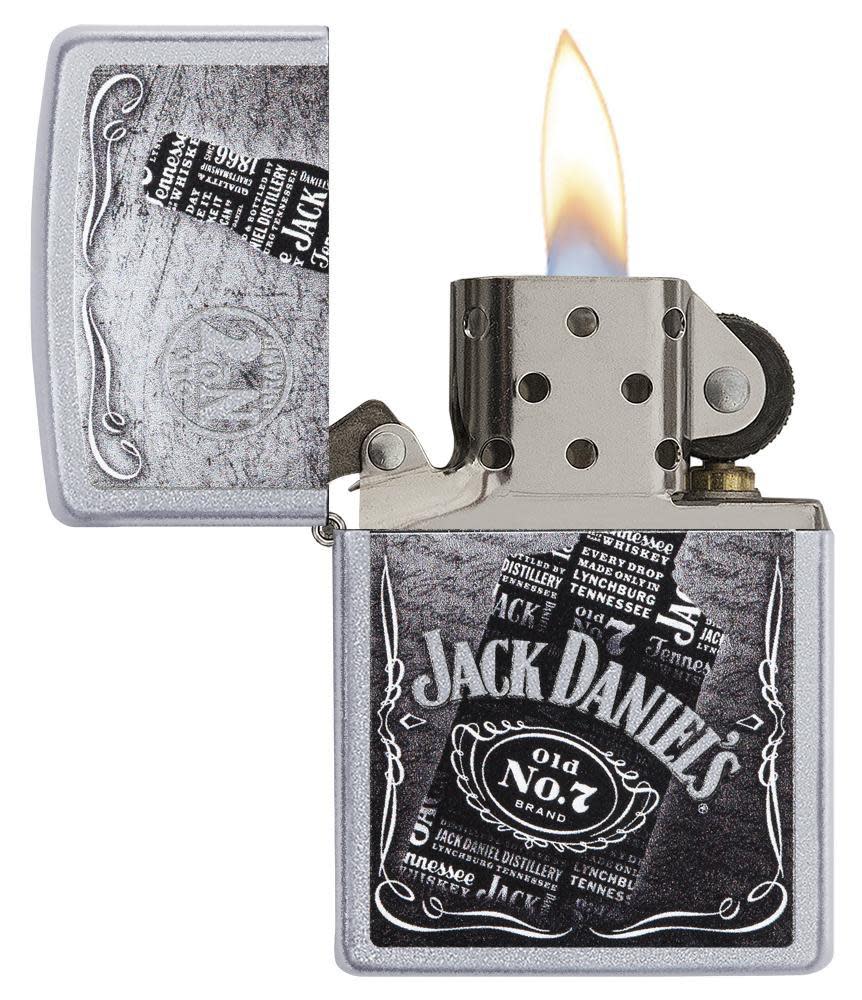 Jack Daniel's Text Design Satin Chrome Windproof Lighter with its lid open and lit