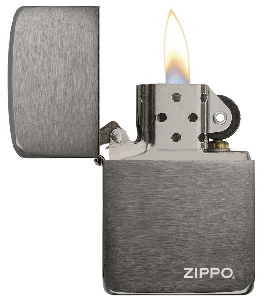 Front view of the Black Ice 1941 Replica with Zippo logo Lighter open and lit