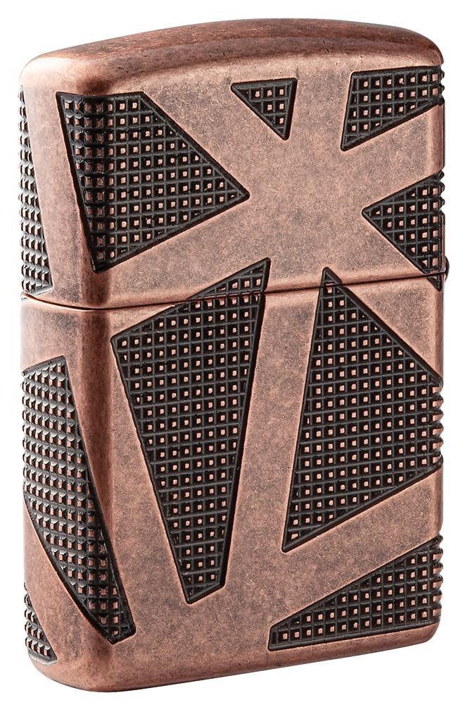 Armor® Geometric 360 Design Windproof Lighter with its lid open and unlit
