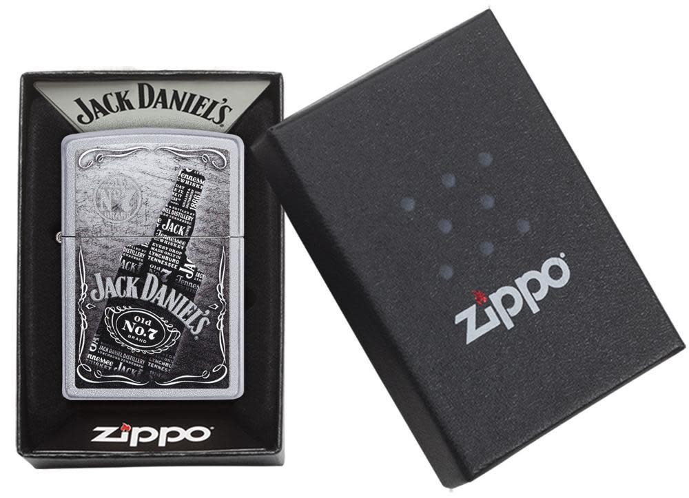 Jack Daniel's Text Design Satin Chrome Windproof Lighter in tis packaging