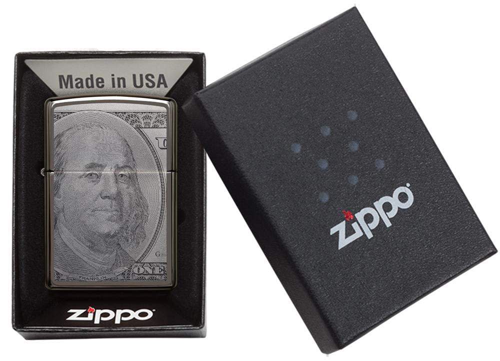 Front view of the Currency Design Lighter in one box packaging