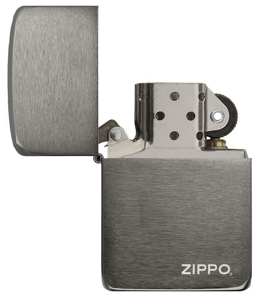 Front view of the Black Ice 1941 Replica with Zippo logo Lighter open and unlit