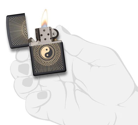 Yin & Yang 2 Black Matte Windproof Lighter lit in hand.