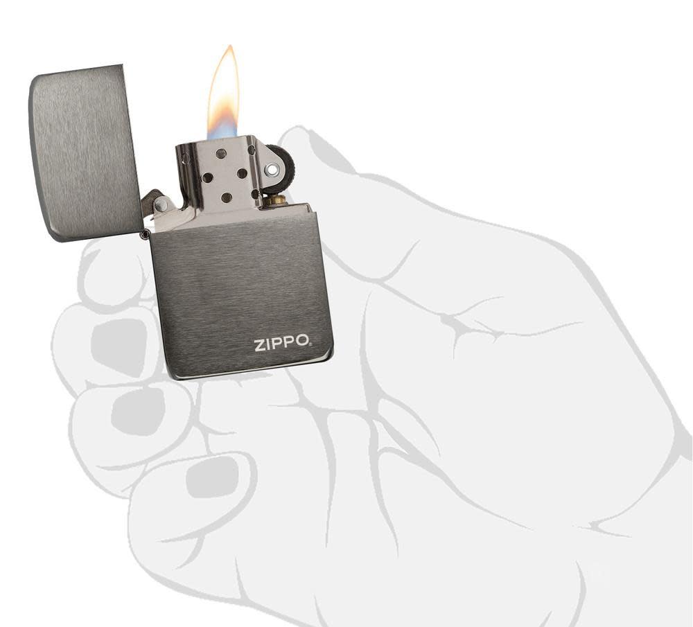 Front view of the Black Ice 1941 Replica with Zippo logo Lighter, in hand, open and unlit