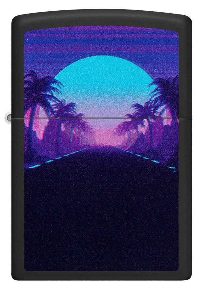 Front shot of Sunset Black Light Design Black Lighter Black Matte Windproof Lighter.