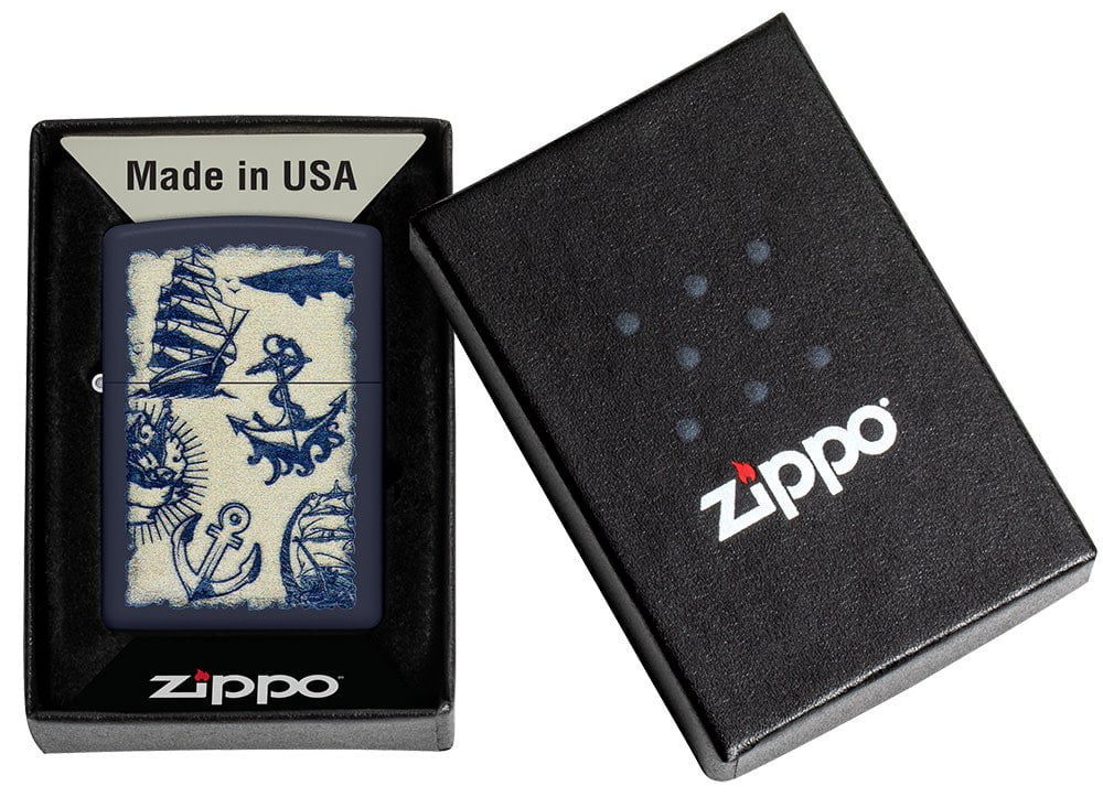 Nautical Design Navy Matte Windproof Lighter in its packaging.