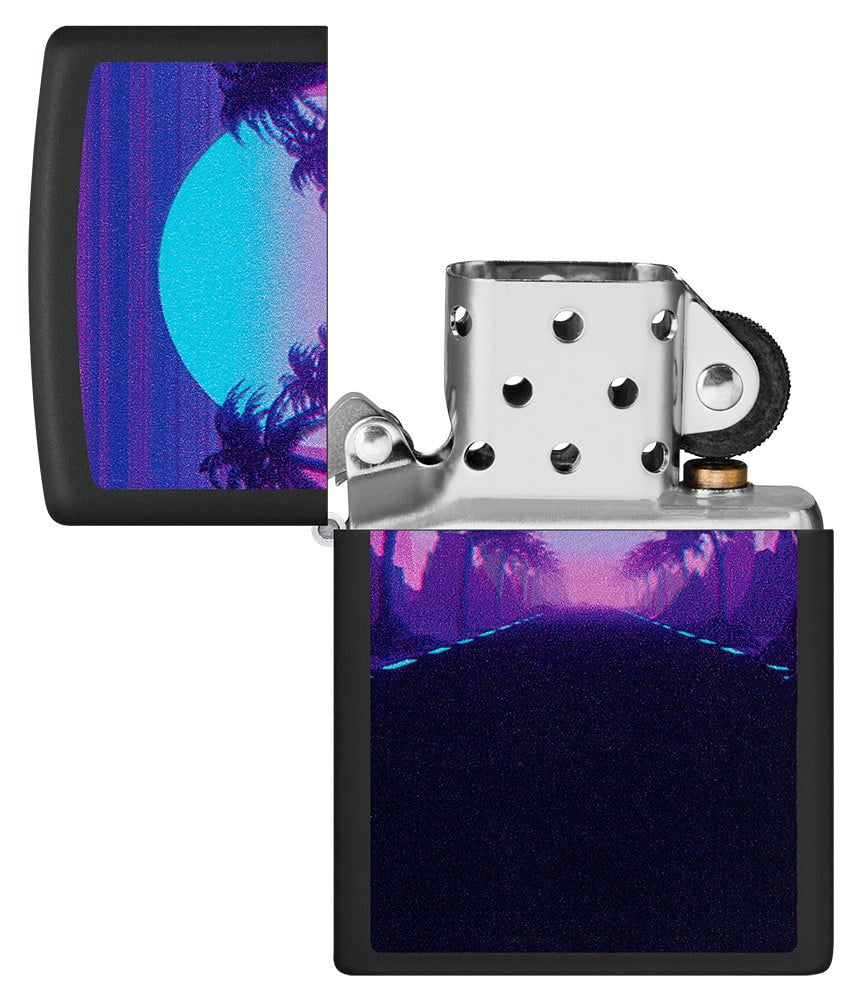 Sunset Black Light Design Black Lighter Black Matte Windproof Lighter with its lid open and unlit.