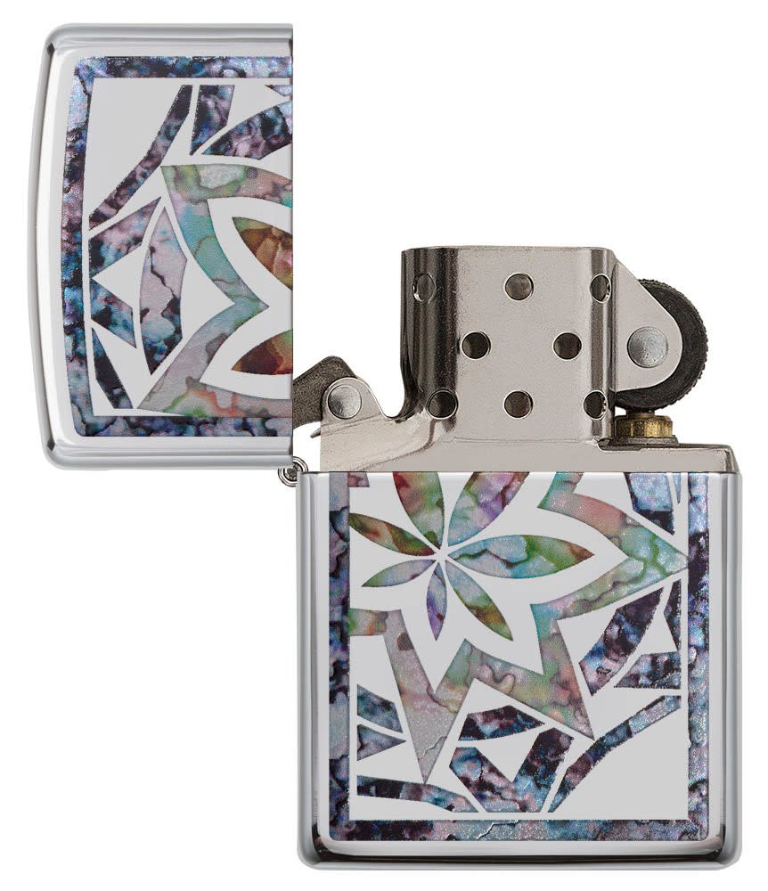 Front view of the Leaf Fusion Design Lighter with its lid open and unlit.
