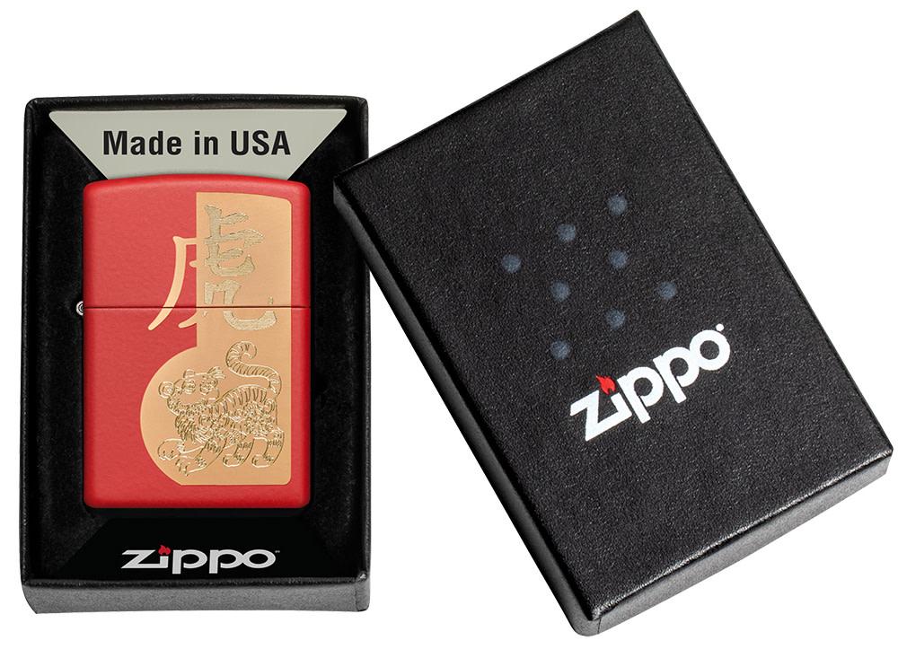 Year of the Tiger Design Red Matte Windproof Lighter in its packaging.