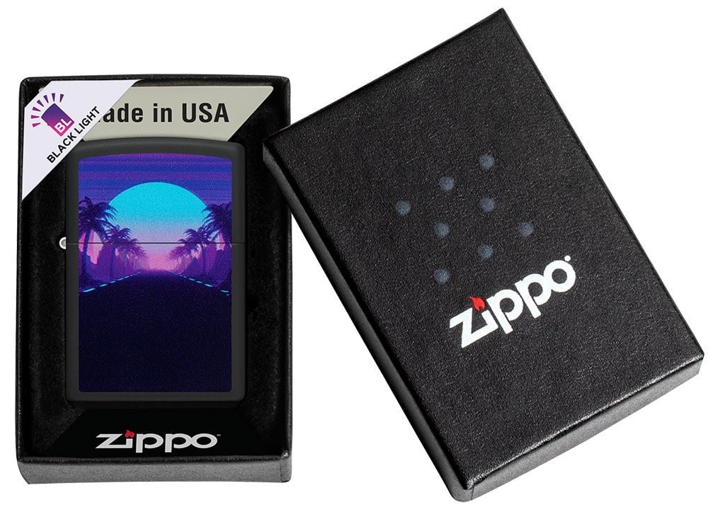 Sunset Black Light Design Black Lighter Black Matte Windproof Lighter in its packaging.