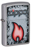 Front shot of Zippo Flame Design Street Chrome™ Windproof Lighter standing at a 3/4 angle