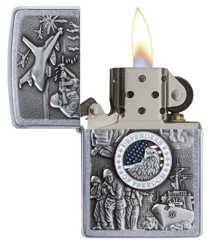 United States Military Joined Forces Emblem Design Street Chrome Lighter with its lid open and lit