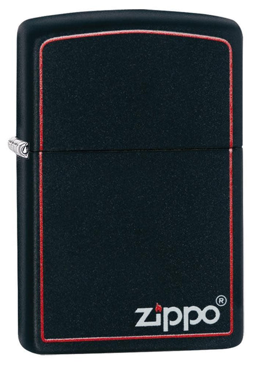 Front view of the Classic Black and Red Zippo Black Matte Lighter shot at a 3/4 angle 