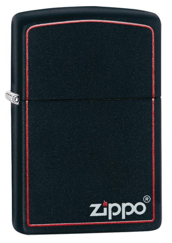 Front view of the Classic Black and Red Zippo Black Matte Lighter shot at a 3/4 angle 