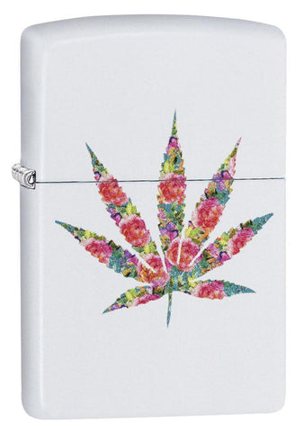 Front shot of Floral Weed Design White Matte Windproof Lighter standing at a 3/4 angle.