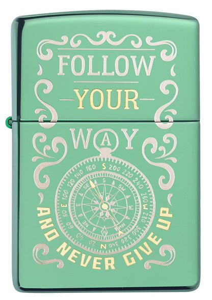 Front of Follow Your Way High Polish Green Windproof Lighter