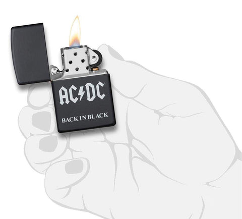 AC/DC® Back In Black windproof lighter lit in hand
