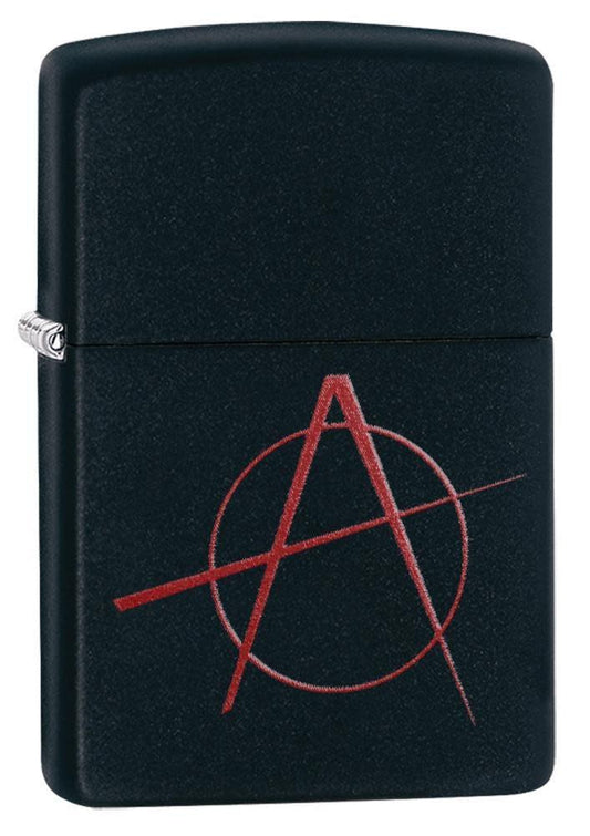 Red Anarchy Symbol on Black Matte Windproof Lighter standing at a 3/4 angle