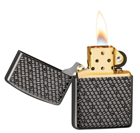 Hexagon Design Black Ice Windproof Lighter with its lid open and lit at a 3/4 angle