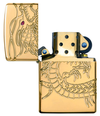 Armor® Asian Dragon 360-Degree Gold-Plate Windproof Lighter with its lid open and unlit