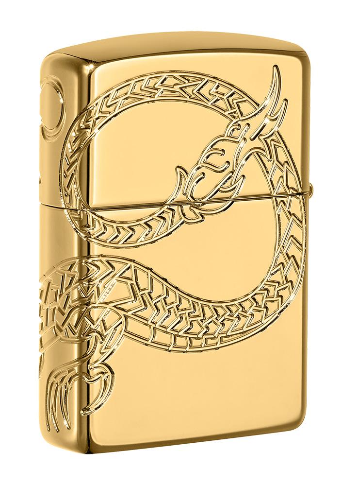 Back shot of Armor® Asian Dragon 360-Degree Gold-Plate Windproof Lighter standing at a 3/4 angle