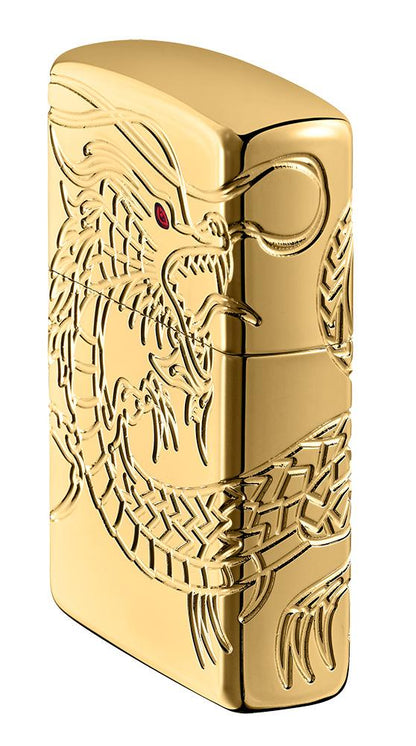 Angled shot of Armor® Asian Dragon 360-Degree Gold-Plate Windproof Lighter, standing at an angle showing the front and right side of the lighter