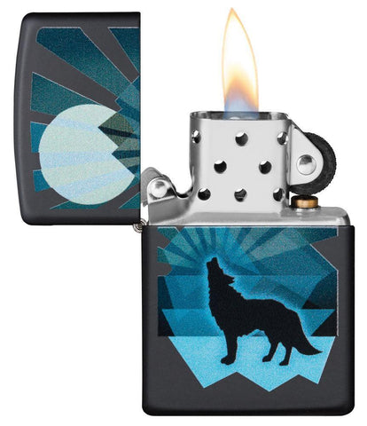 Wolf and Moon Design Windproof Lighter open and lit