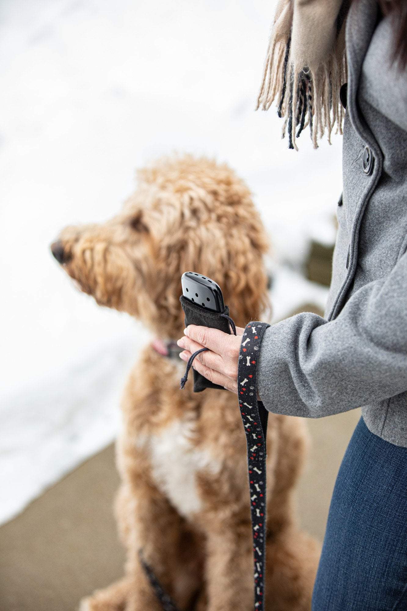 Woman holding 12-Hour Black Refillable Hand Warmer in the included pouch, with a dog in the background