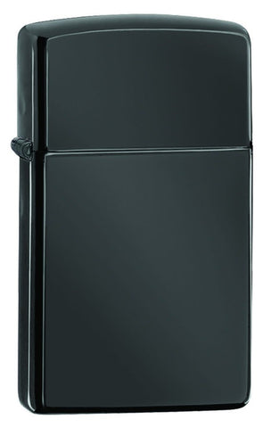 Front shot of Slim® High Polish Black Windproof Lighter standing at a 3/4 angle.