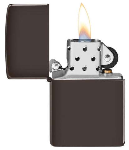 Brown windproof lighter with the lid open and lit