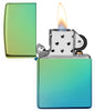 High Polish Teal windproof lighter with the lid open and lit
