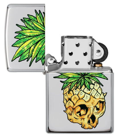 Leaf Skull Pineapple Design Windproof Lighter with its lid open and unlit