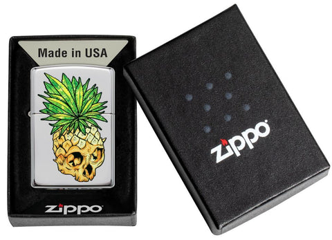 Leaf Skull Pineapple Design Windproof Lighter in its packaging