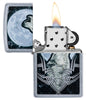 Howling Wolf Design Windproof Lighter with its lid open and lit