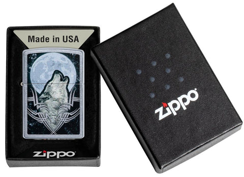 Howling Wolf Design Windproof Lighter in its packaging
