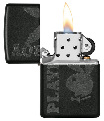 Playboy Logo Black Matte Windproof Lighter with its lid open and lit