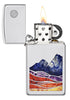 Slim® Landscape Design High Polish Chrome Windproof Lighter with its lid open and lit