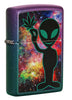 Front shot of Alien Design Iridescent Windproof Lighter standing at a 3/4 angle