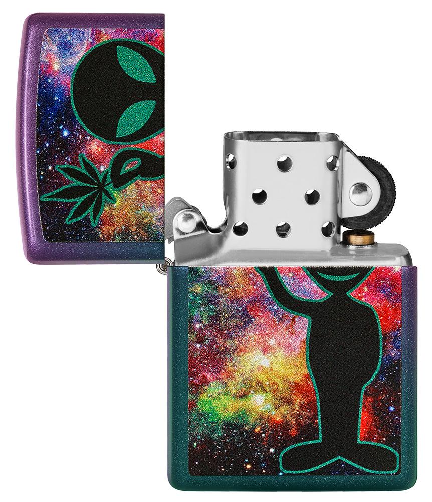 Alien Design Iridescent Windproof Lighter with its lid open and unlit