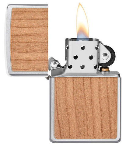 WOODCHUCK USA Cherry Emblem Windproof Lighter with its lid open and lit