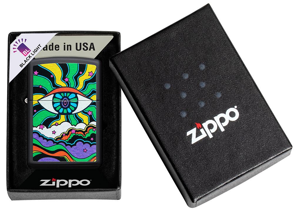 Black Light Eye Design Black Matte Windproof Lighter in its packaging.