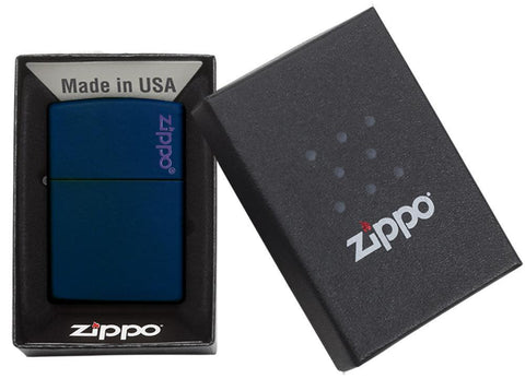 Classic Navy Blue Matte with Zippo Logo in packaging