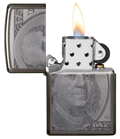 Front view of the Currency Design Lighter open and lit 
