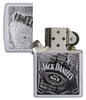 Jack Daniel's Text Design Satin Chrome Windproof Lighter with its lid open and unlit